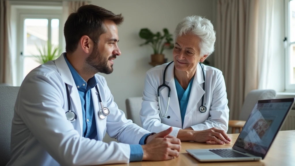 Male patient sitting at desk speaking with healthcare provider on laptop screen during virtual appointment, residential backg