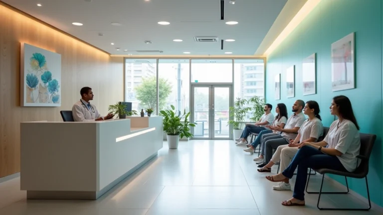 Professional medical clinic reception area with diverse patients waiting, modern interior design, natural lighting, welcoming healthcare environment