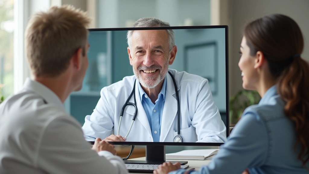 Doctor in white coat consulting with patient during virtual telehealth appointment on computer screen, home office setting, p