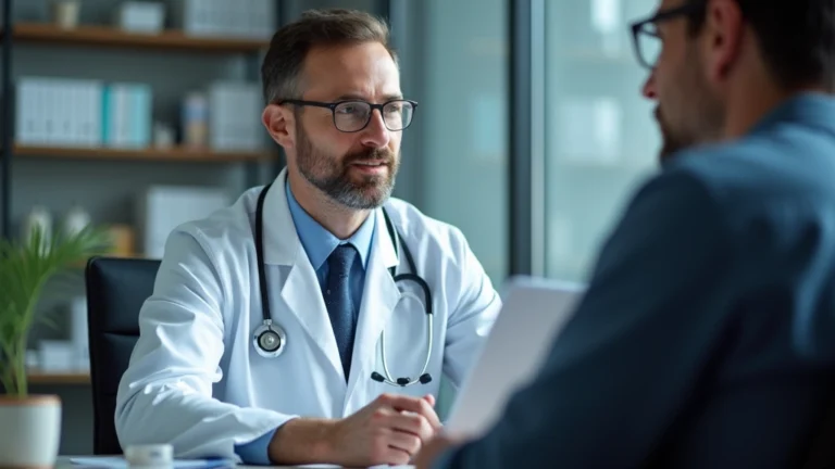 Healthcare provider in white coat conducting video consultation on computer screen, professional medical office background, patient perspective view, warm lighting
