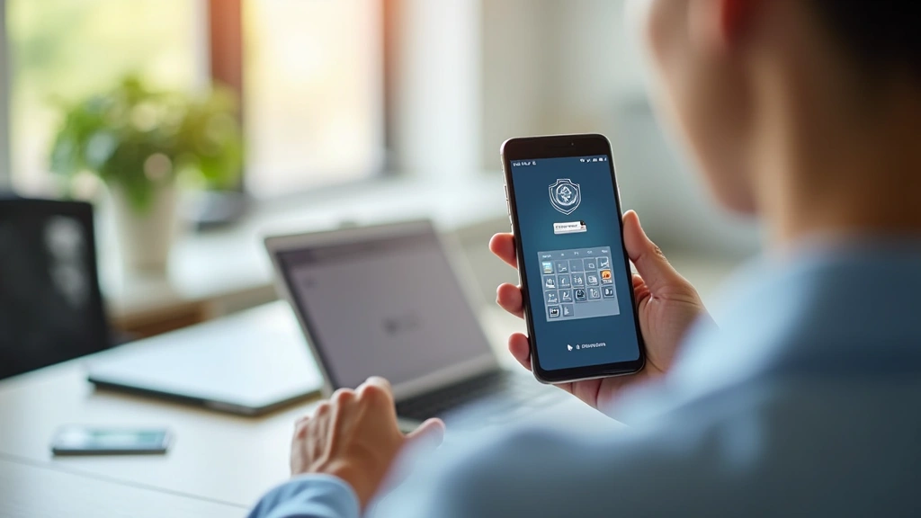 Hands holding smartphone displaying secure telehealth appointment booking interface with calendar and medical icons, home off