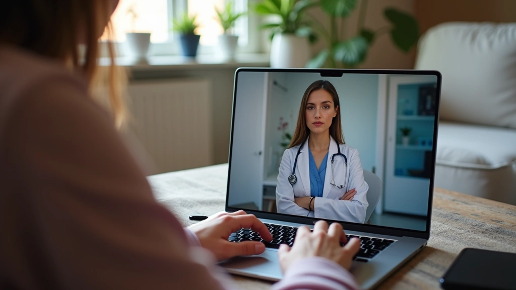 Person receiving medication abortion consultation via secure video call on laptop, private home environment, supportive healt