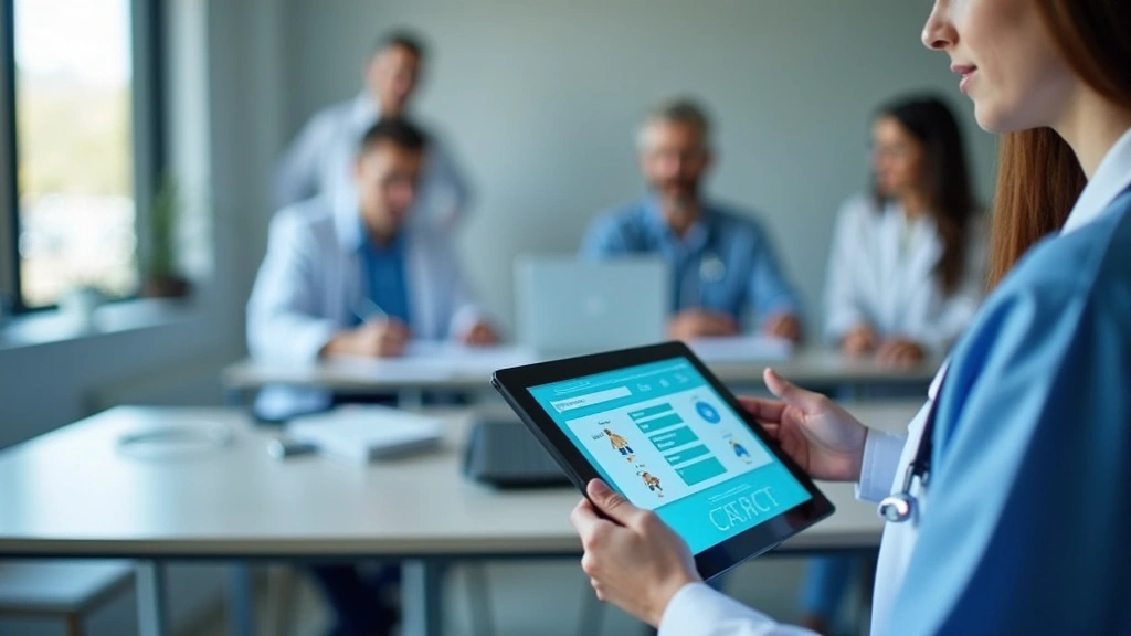 Healthcare professional using tablet at desk reviewing patient portal with secure digital interface, modern clinical office setting, professional medical environment