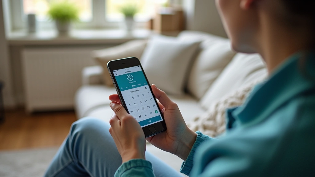 Patient using smartphone to schedule medical appointment, sitting at home with calendar visible, modern healthcare technology