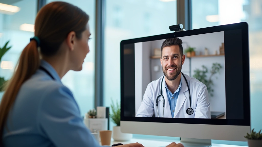 Doctor and patient having video consultation on computer screen, secure telemedicine session, clinical office background, pro