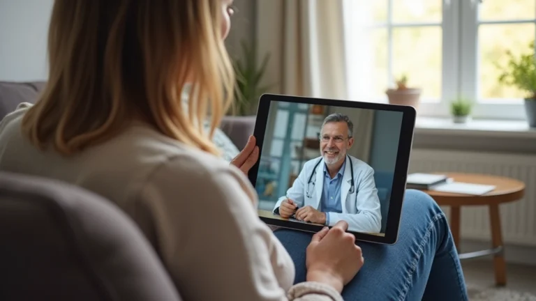Patient sitting at home on video call with doctor on tablet screen, natural lighting from window, comfortable living room setting, professional medical consultation atmosphere
