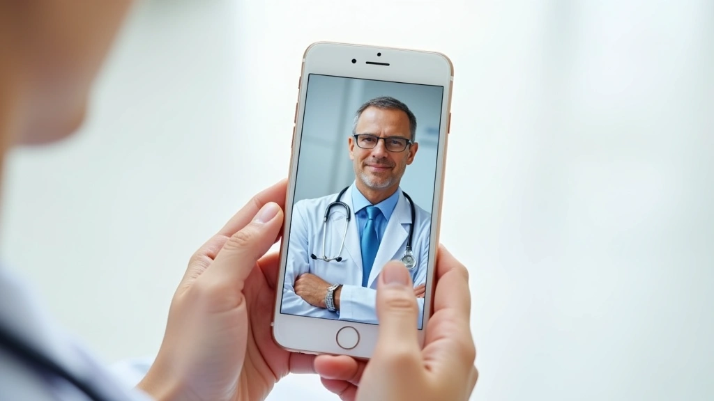 Hands holding smartphone showing telehealth app interface with doctors face visible, modern healthcare technology, clean whit