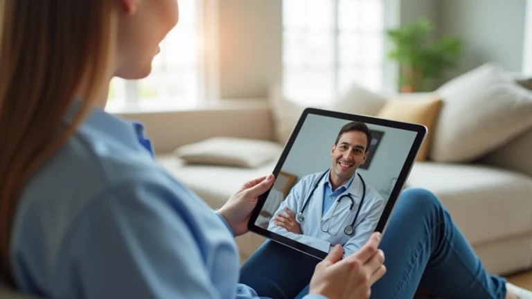 Patient sitting at home on video call with doctor using tablet, professional medical setting background, modern living room with natural light, peaceful healthcare consultation