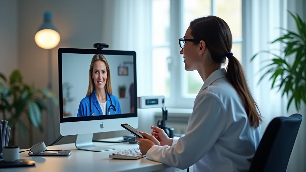 Healthcare provider at desk with computer screen showing patient during telehealth visit, professional medical office with me