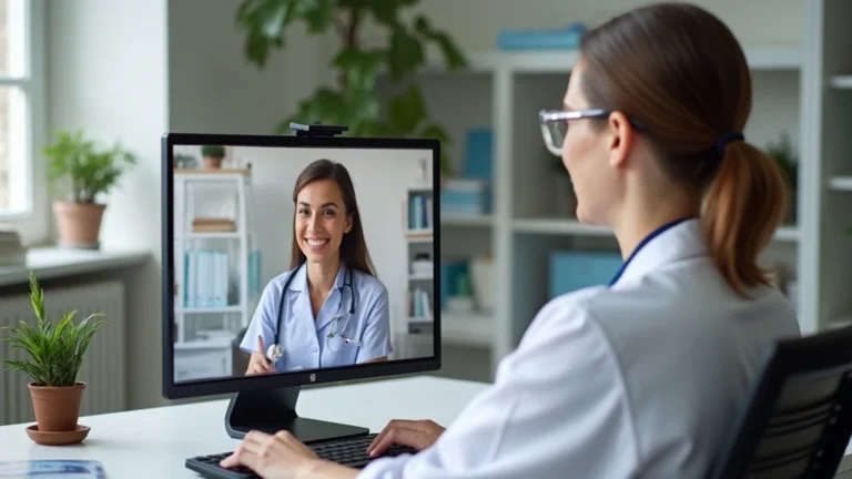 Professional female psychiatrist conducting video consultation on laptop in modern medical office, patient perspective from home computer screen