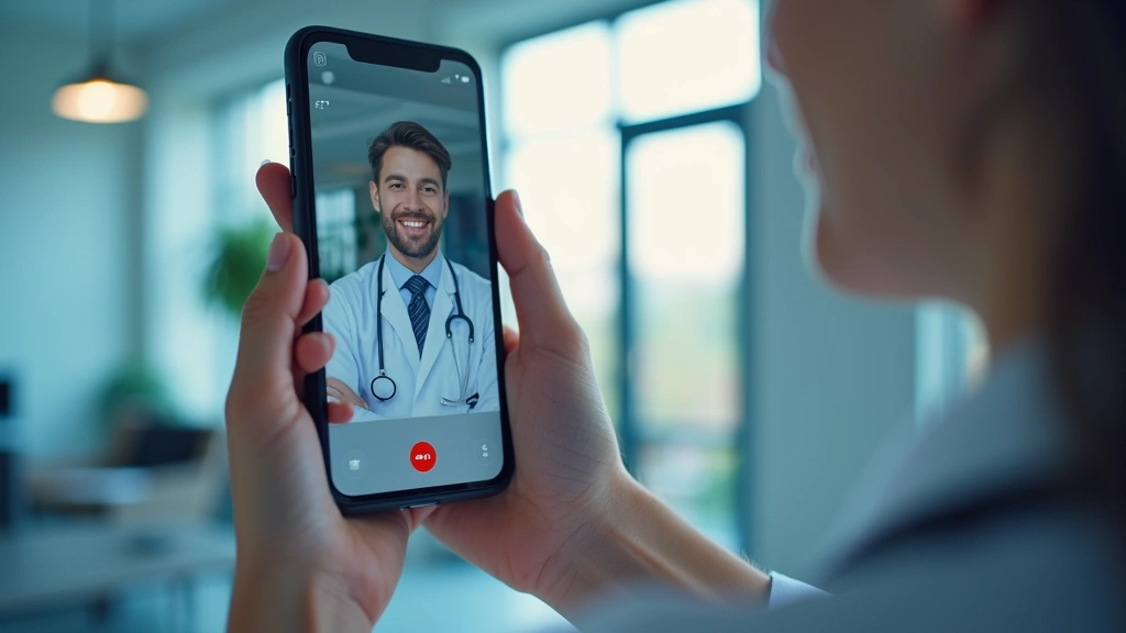 Closeup of secure HIPAA-compliant video call interface on smartphone showing psychiatrist in professional medical environment