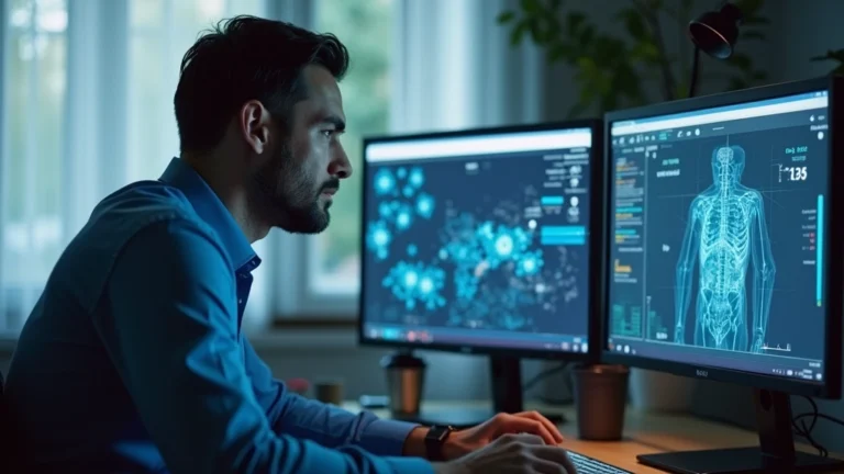 Professional epidemiologist analyzing disease surveillance data on computer screen in modern home office with multiple monitors, focused expression, no text visible