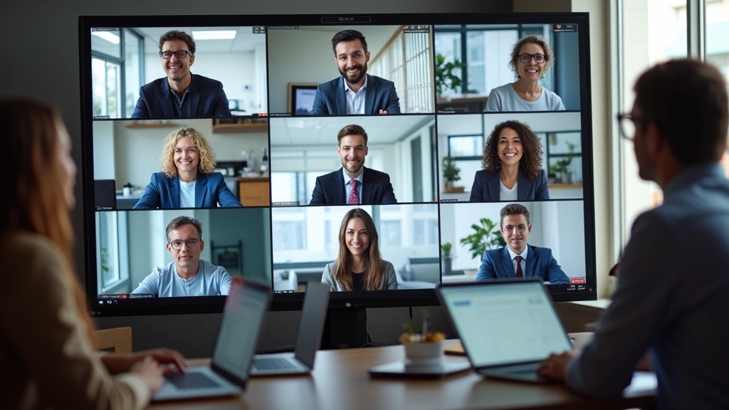 Diverse team of public health professionals in virtual meeting on large screen, collaborative workspace, laptops and notebook