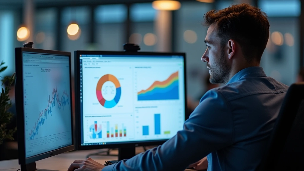 Data analyst reviewing health statistics dashboard on desktop computer, modern office environment, colorful data visualizatio