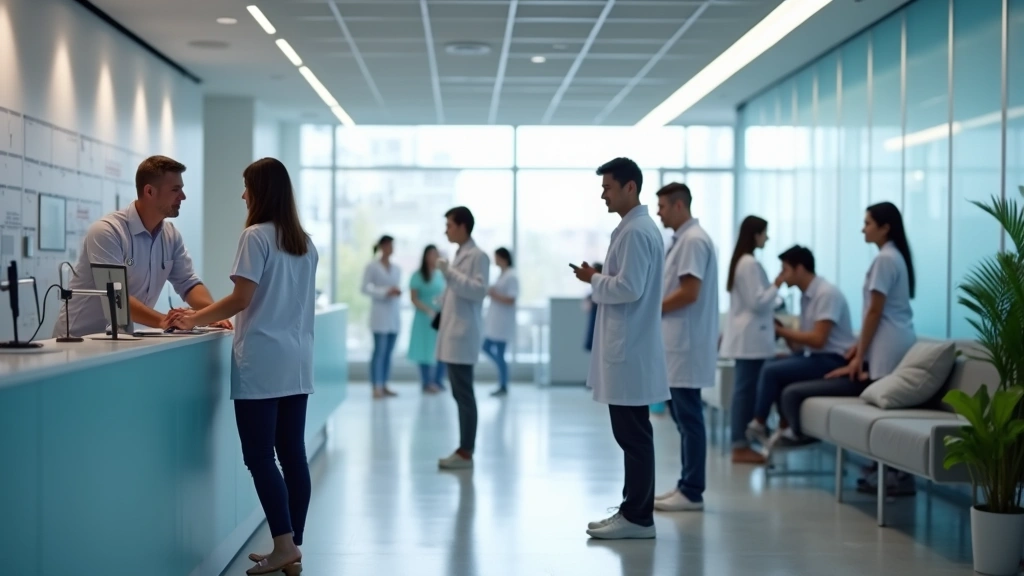 Modern healthcare clinic reception area with diverse patients checking in at desk, bright professional setting with digital check-in screens, natural lighting through windows