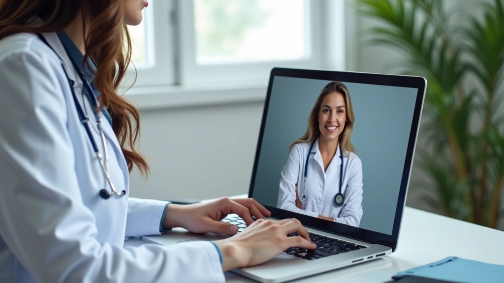 Healthcare provider in white coat conducting video consultation on laptop with patient visible on screen, secure telehealth a