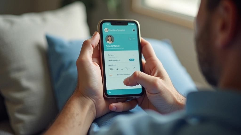Patient using mobile phone to schedule medical appointment through healthcare portal app, sitting in comfortable home setting