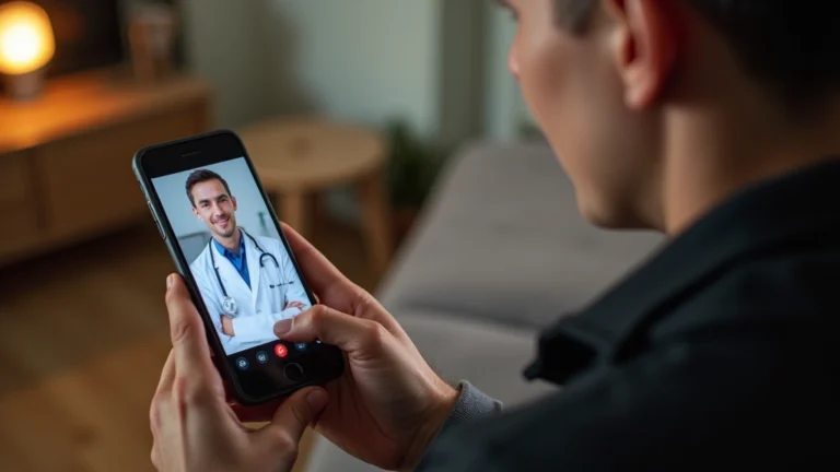 Professional telehealth consultation: patient using smartphone in home setting, doctor visible on screen, warm lighting, comfortable home environment, modern medical technology interface visible