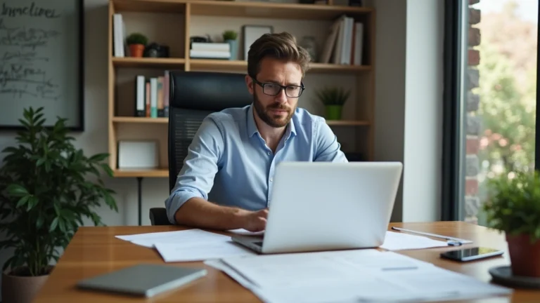 Professional self-employed person working at desk with laptop, reviewing health insurance documents and tax forms in modern home office
