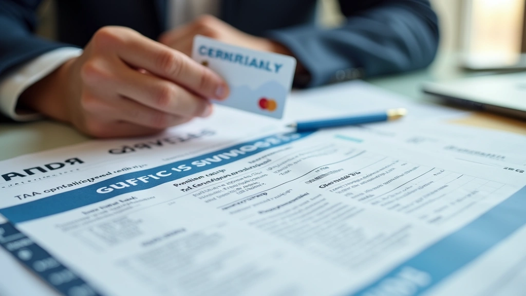 Close-up of hands holding health insurance card and premium statement, organized tax documents spread on office desk