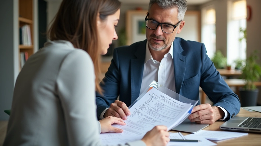 Tax professional reviewing self-employed clients financial records and health insurance documentation in contemporary office