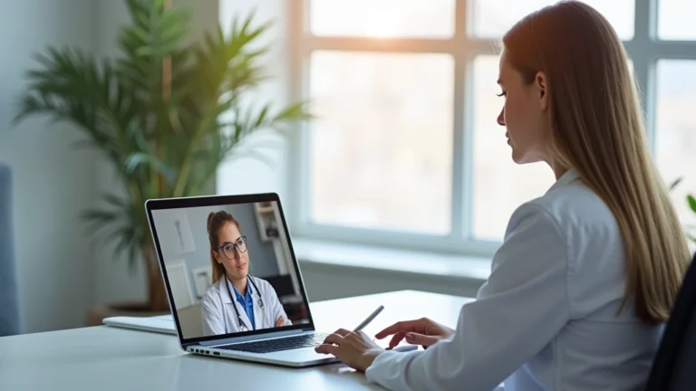 Professional female therapist conducting video consultation on laptop in modern clinical office, patient visible on screen, natural lighting, healthcare setting