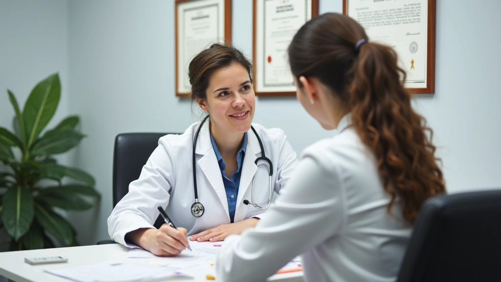 Licensed psychiatrist reviewing patient intake forms at desk in mental health clinic, diplomas visible on wall, professional 