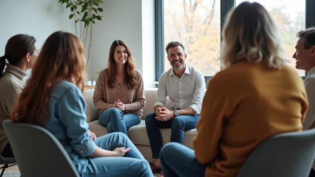 Diverse group therapy session in comfortable clinical setting, participants sitting in circle, calm therapeutic environment, 