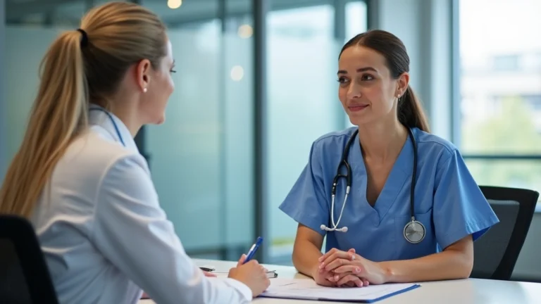 Professional healthcare staffing recruiter interviewing nurse candidate in modern medical office setting, both wearing business attire, documents on desk