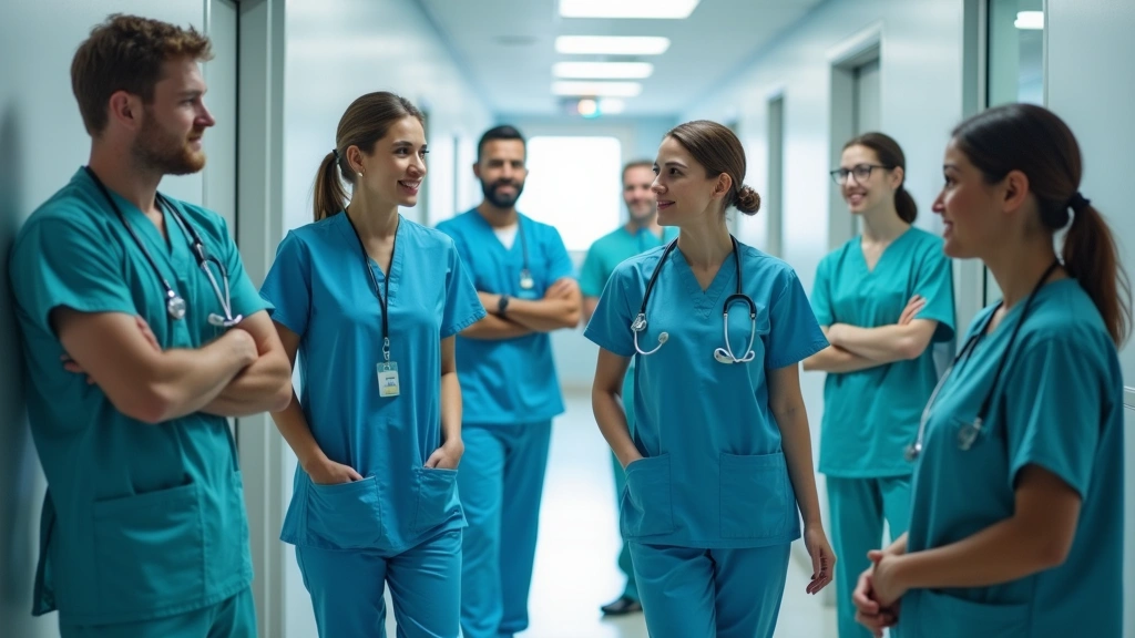 Diverse group of healthcare professionals including nurses, physicians, and technicians in hospital corridor wearing scrubs a