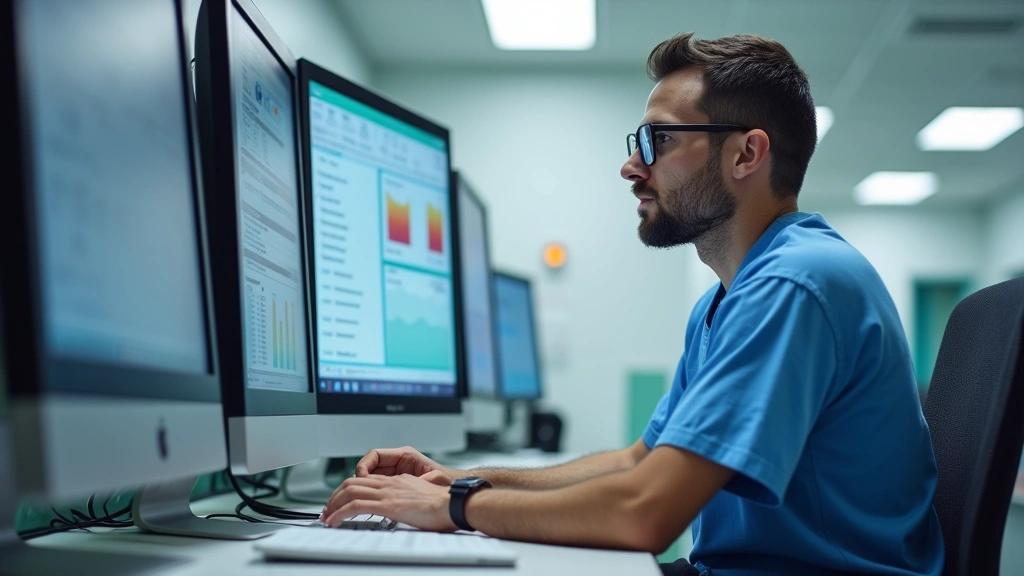 Healthcare facility administrator reviewing staffing assignments on computer screen in hospital administrative office with me