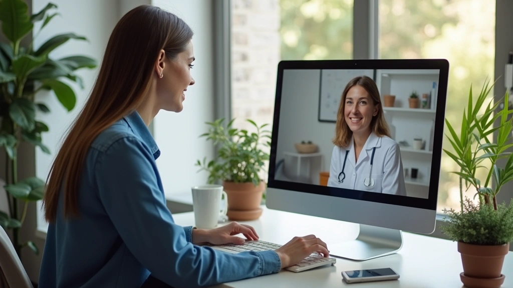 Professional therapist conducting secure video telehealth session on computer in modern office, patient visible on screen, calm clinical environment with plants and natural lighting