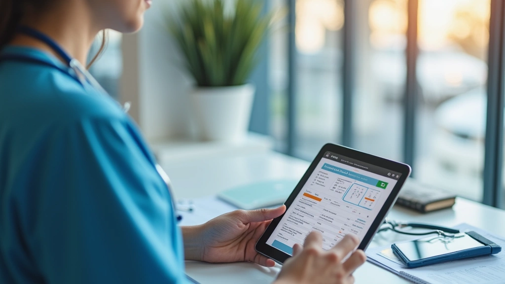 Healthcare practitioner reviewing patient records on tablet, digital interface showing appointment calendar and billing dashb