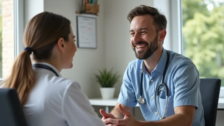 Professional telehealth consultation between female doctor and male patient on video call in modern home office setting, natural lighting through window, both smiling during virtual appointment