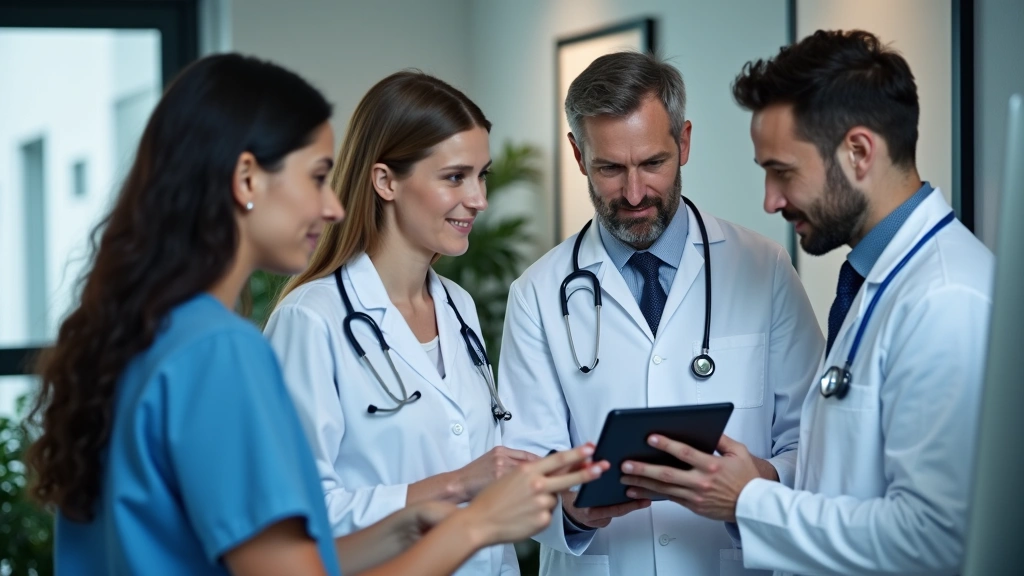 Diverse group of healthcare professionals in modern medical office reviewing patient data on tablet and computer, collaborati