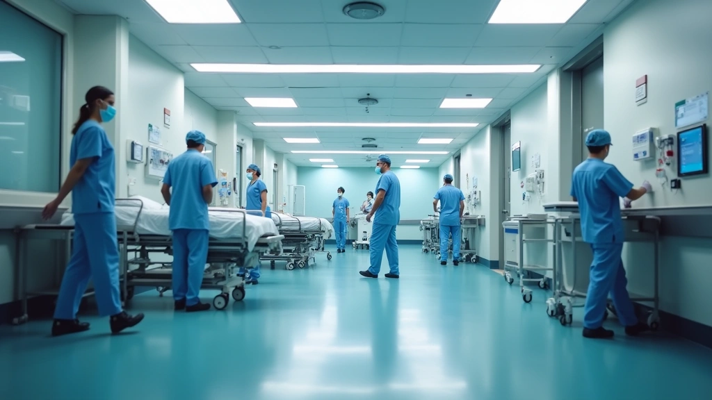 Modern hospital emergency department with professional medical staff assisting patients, bright clinical lighting, profession