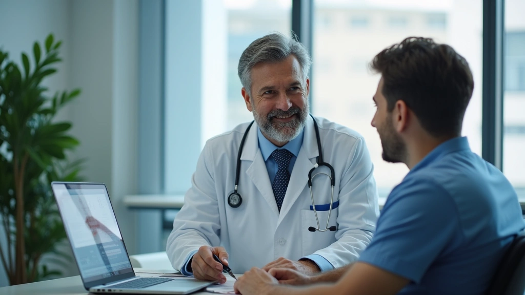 Healthcare provider consulting with patient in modern clinic office setting, digital health records visible, professional med