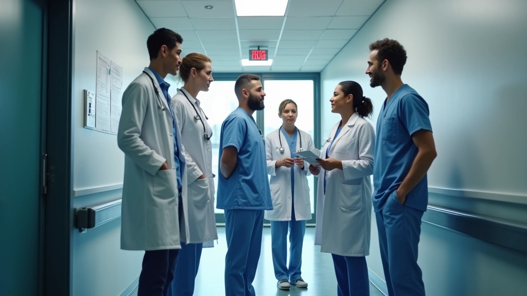 Diverse medical team collaborating in hospital corridor, professional healthcare workers discussing patient care, modern hosp
