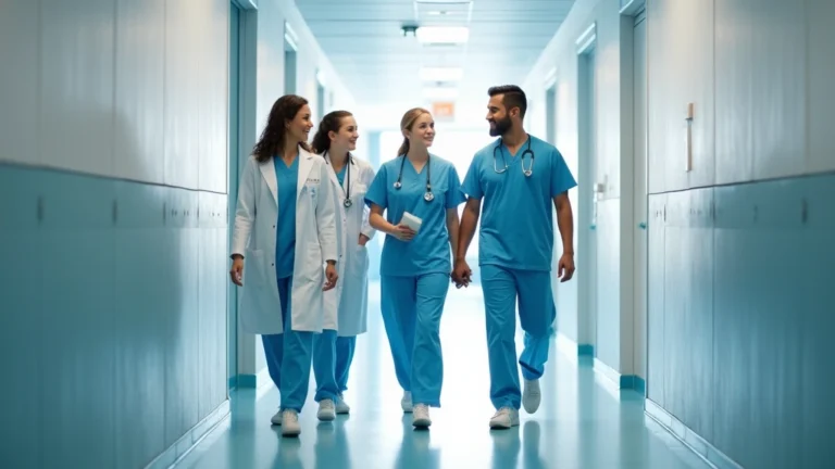 Professional healthcare team collaborating in modern hospital corridor, diverse medical staff walking together, bright clinical setting