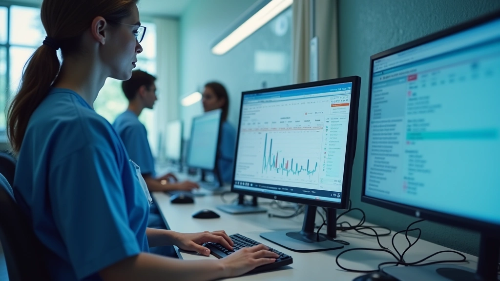 Nurse working at computer terminal in hospital unit, healthcare professional using electronic health records system, clinical