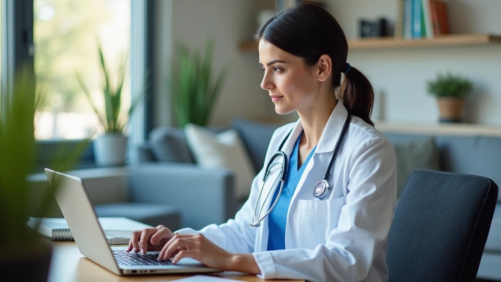 Medical professional in telehealth remote work setup, healthcare worker at home office with computer, virtual care environmen
