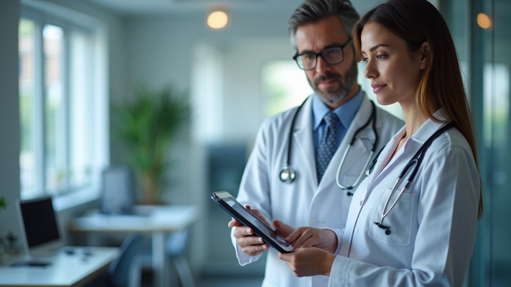 Patient using tablet to compare healthcare costs and provider options in modern medical office setting, professional healthcare technology interface visible