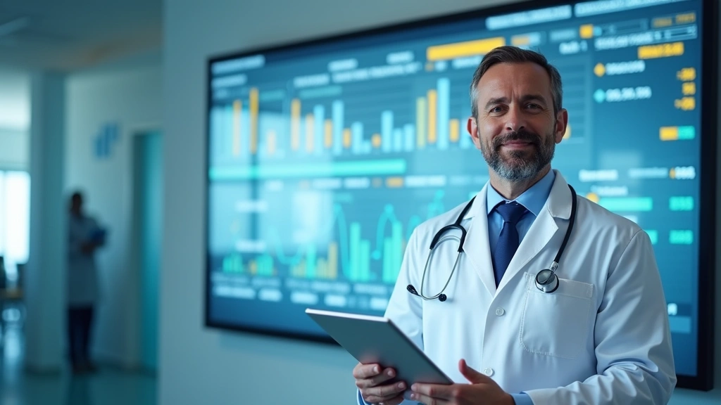 Healthcare professional reviewing data analytics dashboard showing cost variations and quality metrics across medical provide