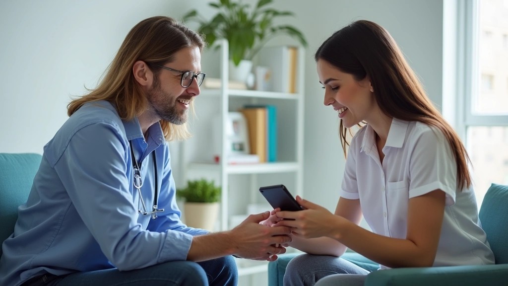 Diverse patient meeting with healthcare navigator using digital platform to find affordable treatment options, clean modern c