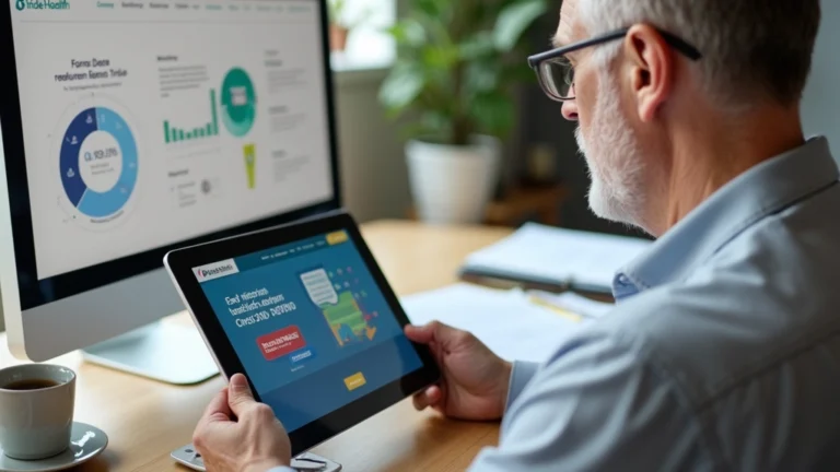 Senior adult using tablet computer to compare Medicare health insurance plans on Stride Health website, sitting at home desk with documents, professional healthcare technology interface visible on screen