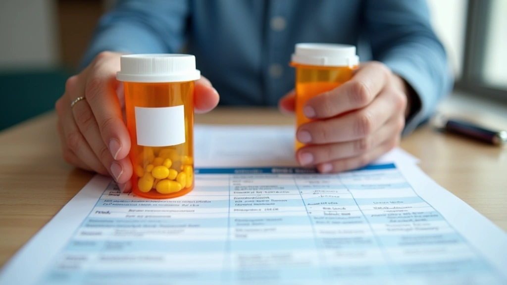 Close-up of hands holding prescription medication bottles while reviewing Medicare plan documents, showing prescription drug
