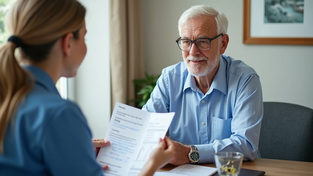 Medicare beneficiary meeting with healthcare advisor reviewing personalized plan recommendations and cost breakdowns during A