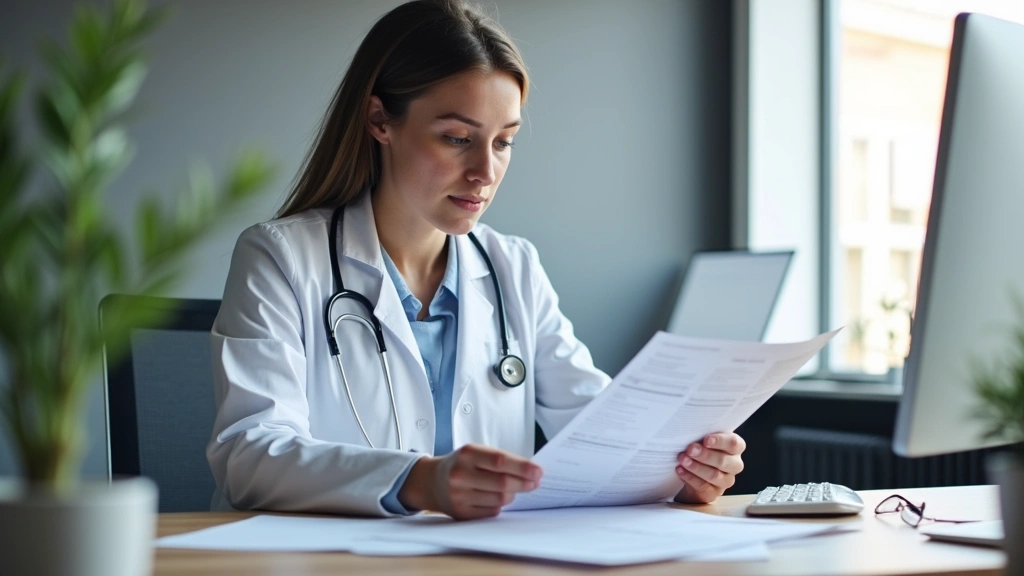 Professional healthcare worker reviewing insurance documents at modern medical office desk with computer, natural lighting, serious focused expression, paperwork and policy documents visible