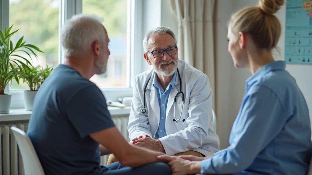 Senior patient consultation with doctor in bright clinic examination room, discussing insurance coverage and medical options,