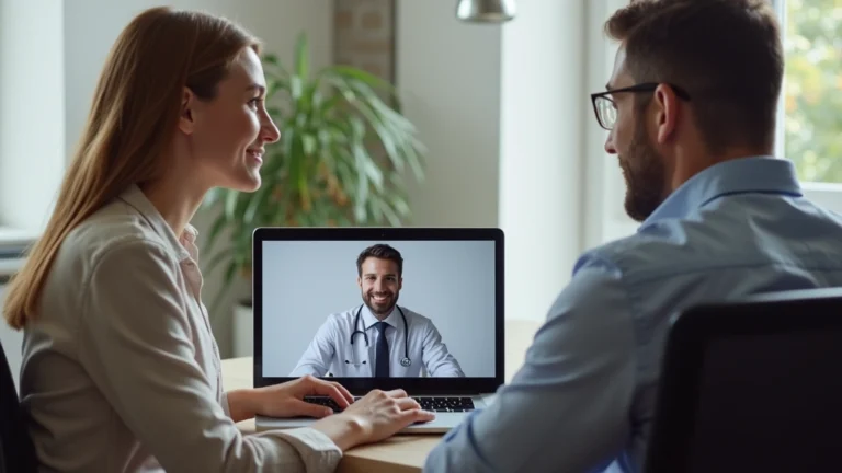 Female patient having secure video consultation with male psychiatrist on laptop in home office, professional medical setting, calm atmosphere, modern technology interface visible